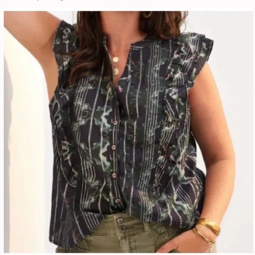 Anthropologie Pilcro Black Motif Ruffled Buttondown Sleeveless Blouse 1x